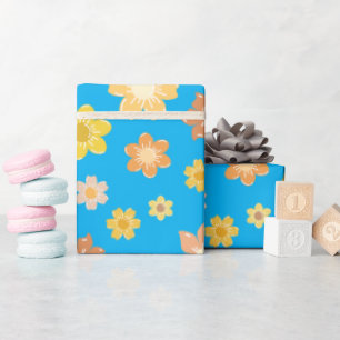 Papier Cadeau Golden Autumn Flowers Bleu Seamless Automne Annive