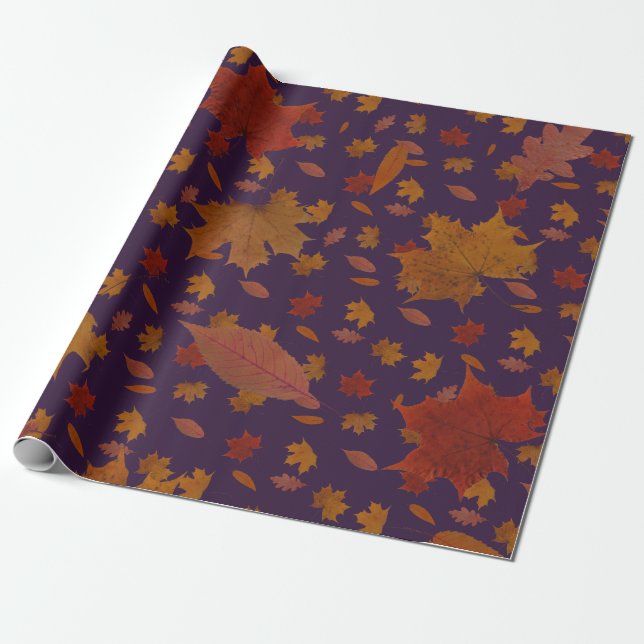 Papier Cadeau Golden Autumn Leaves on Blue Custom Color (Déroulé)