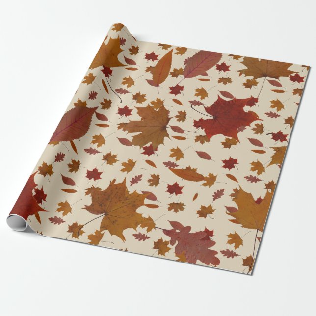 Papier Cadeau Golden Autumn Leaves on Cream Custom Color (Déroulé)