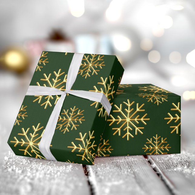 Papier Cadeau Golden Color 3D Snowflake DarkGreen Christmas Gift (Golden Color 3D Snowflake DarkGreen Christmas Gift Wrapping Paper)