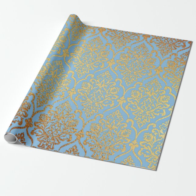 Papier Cadeau Golden Damask Blue Sky Royal Geometry Vip (Déroulé)