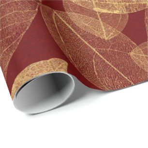 Papier Cadeau Golden Leaf Crimson Maroon Bourgogne Luxe