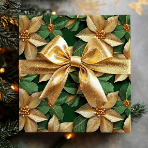Papier Cadeau Golden Poinsettia Flower sur Green Christmas
