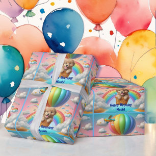 Papier Cadeau Golden Puppy Boy's Name Birthday Balloon Rainbow