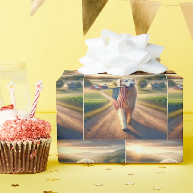 Papier Cadeau Golden Retriever avec drapeau américain (Fête d'anniversaire)