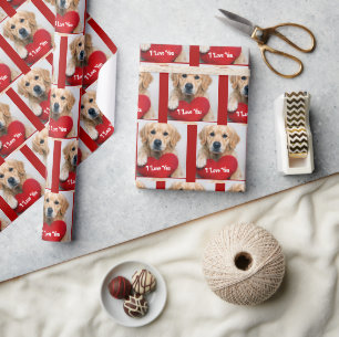 Papier Cadeau Golden Retriever avec un Coussin en forme de Cœur