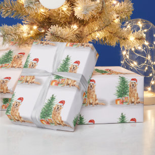 Papier Cadeau Golden Retriever Chien Père Noël Tree Joyeux Noël