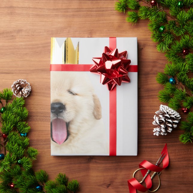 Papier Cadeau Golden Retriever Chiot Yawing Avec Couronne (Cadeau de vacances)