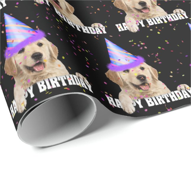 Papier Cadeau Golden Retriever et le confetti d'anniversaire (Coin rond)