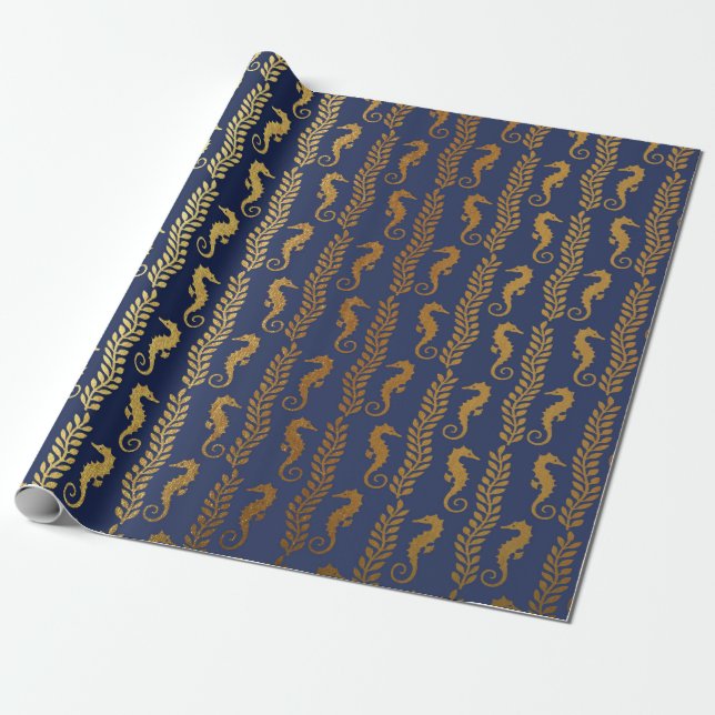 Papier Cadeau Golden Seahorse Ocean Algae Blue Navy Vip Yacht (Déroulé)