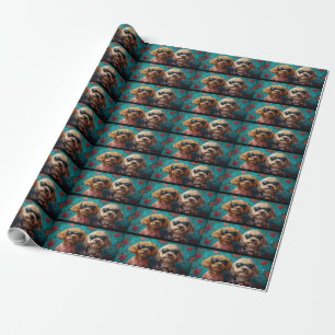 Papier Cadeau Goldendoodle avec coeur Roses Saint-Valentin
