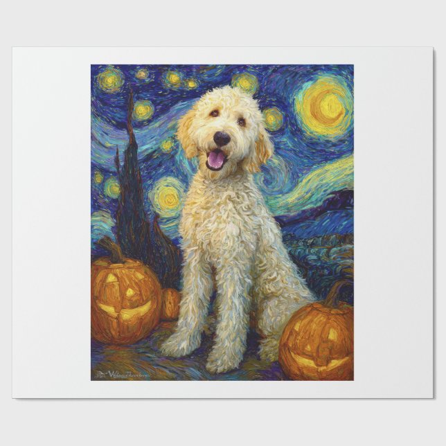 Papier Cadeau Goldendoodle Chien Mignon Halloween Jack O Lantern (Plat)