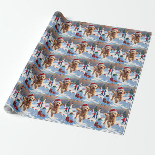 Papier Cadeau Goldendoodle Courir en neige avec Casquette de Noë