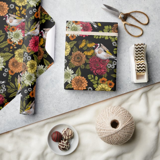Papier Cadeau Goldfinches dans le jardin sur noir (Artisanat)