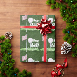 Papier Cadeau Golf 1er Anniversaire avec balle et drapeau en ver