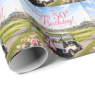 Papier Cadeau Golf 50e anniversaire pour golfeuse thème rose