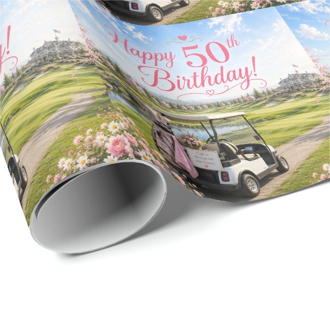Papier Cadeau Golf 50e anniversaire pour golfeuse thème rose (Coin rond)
