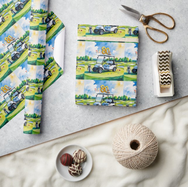 Papier Cadeau Golf 80e anniversaire avec voiturette de golf sur  (Artisanat)