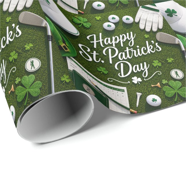 Papier Cadeau Golf Bonne Chance avec trèfle St. Patrick's Day   (Coin rond)