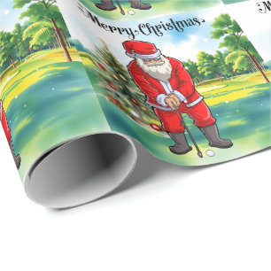 Papier Cadeau Golf de Noël avec le Père Noël sur le terrain de g