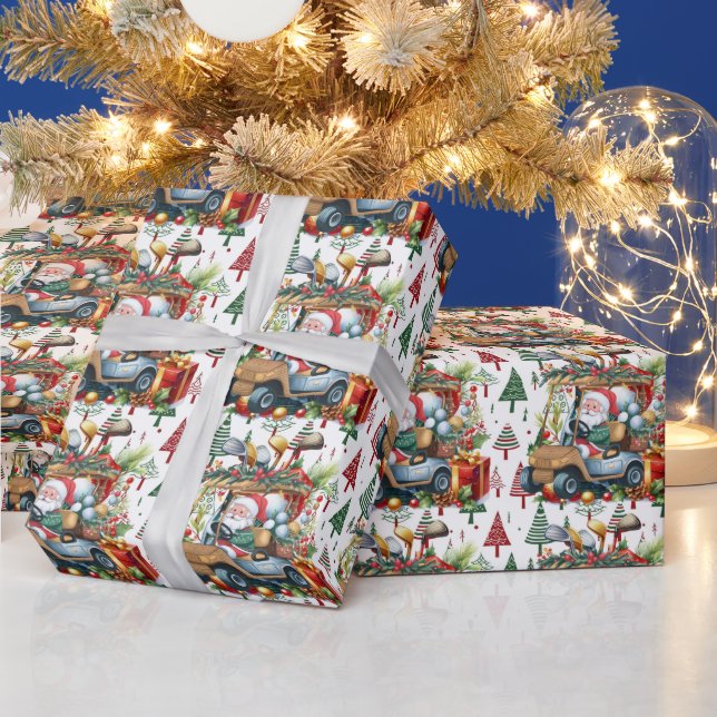Papier Cadeau Golfer Santa Claus sur Golf Panier thème Noël (Vacances)