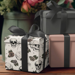 Papier Cadeau Goth Crâne ivoire et fleurs Halloween