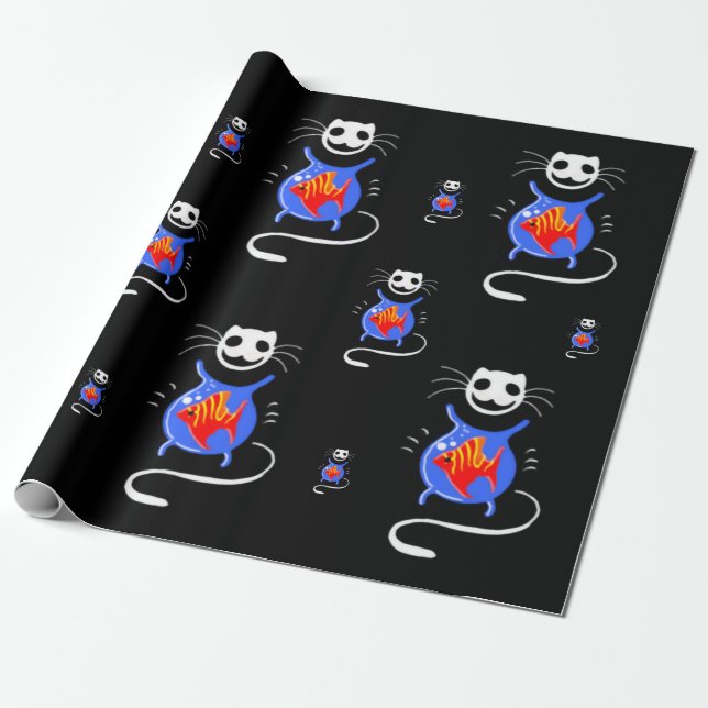 Papier Cadeau Goth Halloween Drôle chat envelopper sur une roule (Déroulé)