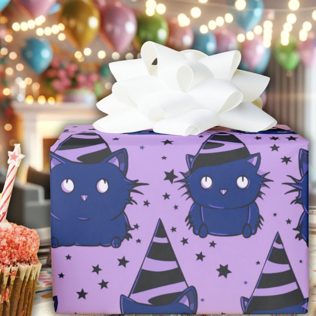Papier Cadeau Goth Sassy Sassy Purple Black Kitty Chat Anniversa (pastel goth purple black kitty cat witchy wrapping paper witch cute whimsical witch hat stars)