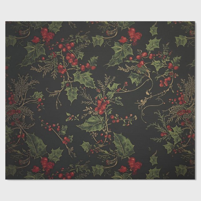 Papier Cadeau Gothic Holly Wrapping Paper |Dark Christmas Floral (Plat)