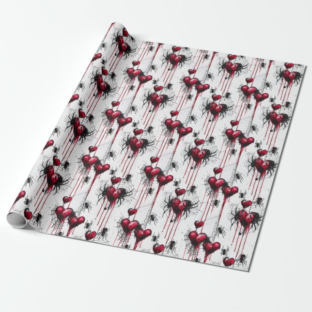 Papier Cadeau Gothique Amour Éffrayant Spider Web avec Coeurs (Déroulé)