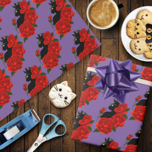 Papier Cadeau Gothique Chat Noir Roses Rouges Violet