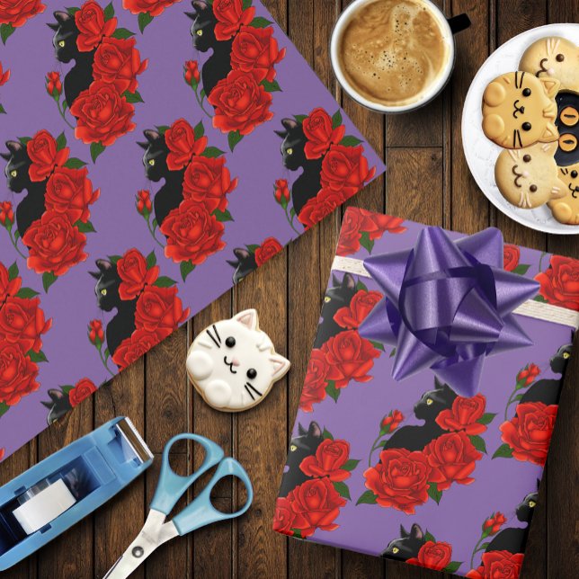 Papier Cadeau Gothique Chat Noir Roses Rouges Violet (Créateur téléchargé)
