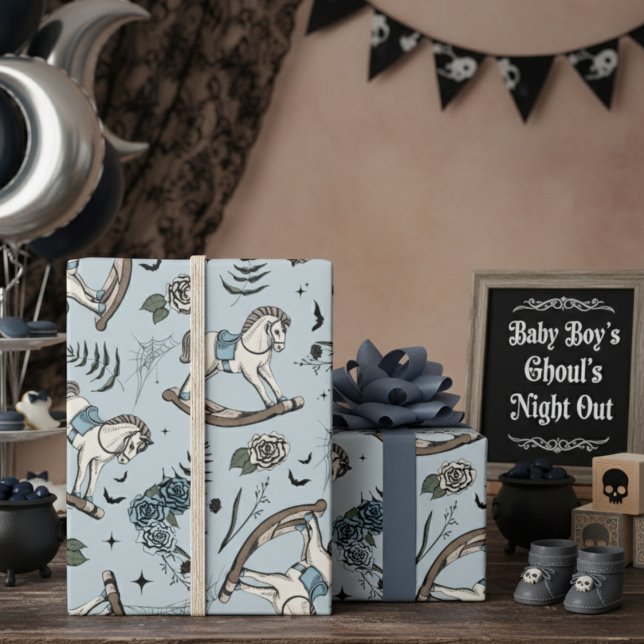Papier Cadeau Gothique Floral Français Blue Rocking Horse Motif (Gothic Halloween Boy Baby Shower Wrapping Paper. Blue Spooky Vintage Rocking Horse & Roses Pattern)