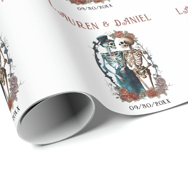 Papier Cadeau Gothique Floral Skeleton amants Noms Mariage (Coin rond)