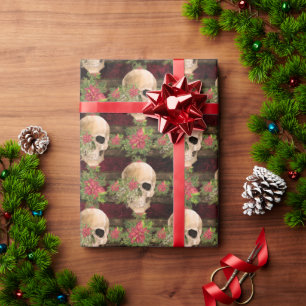 Papier Cadeau Gothique Floral Skull & Poinsettia Motif de Noël