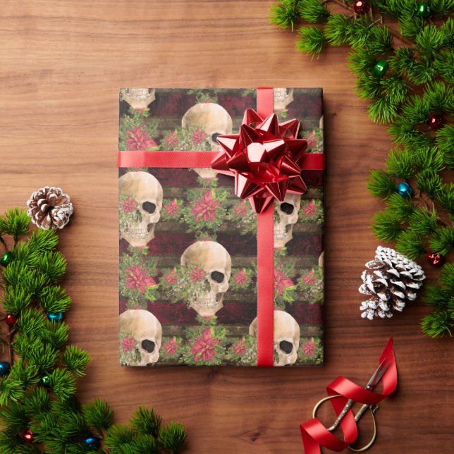 Papier Cadeau Gothique Floral Skull & Poinsettia Motif de Noël (Cadeau de vacances)