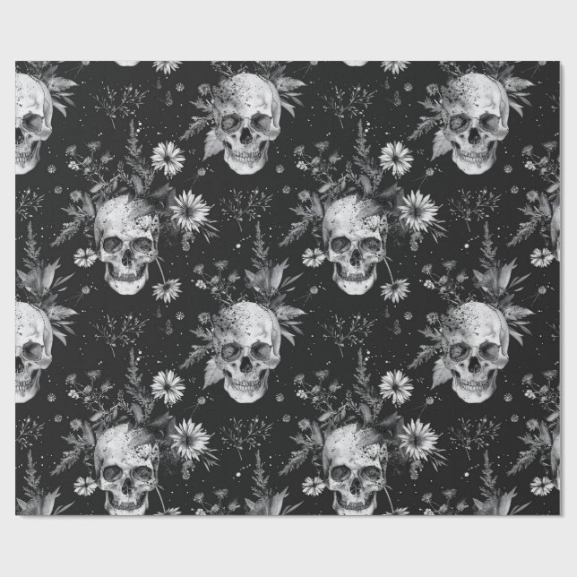 Papier Cadeau Gothique Halloween motif de crânes botaniques (Plat)