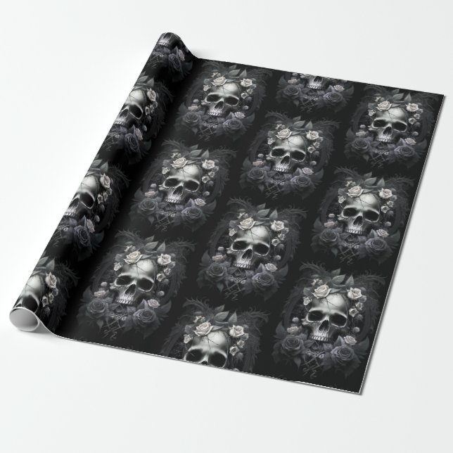 Papier Cadeau Gothique Macabre crâne et murale Rose (Déroulé)