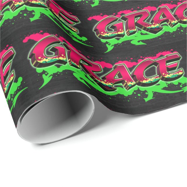 Papier Cadeau Grace prénom nom Graffiti rouge vert (Coin rond)