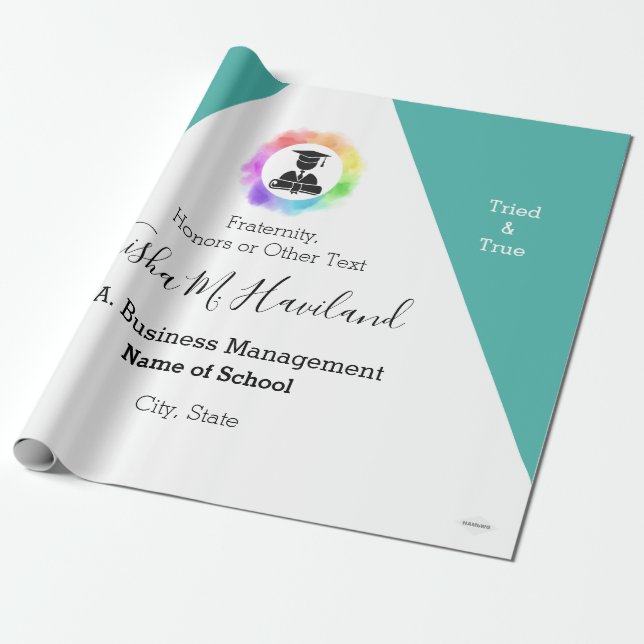 Papier Cadeau Graduation Cadeau envelopper Aqua et HAMbyWG blanc (Déroulé)