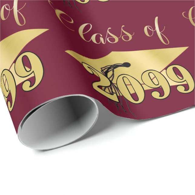 Papier Cadeau Graduation Maroon Metallic Gold Classe Année (Coin rond)