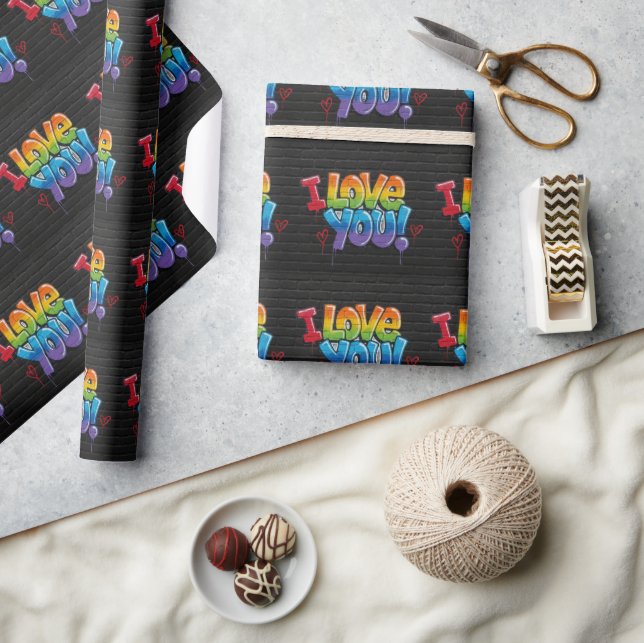 Papier Cadeau Graffiti de brique noire “Je t'aime ! “ (Artisanat)