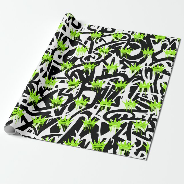 Papier Cadeau Graffiti tendance Motif de la Couronne vert noir (Déroulé)