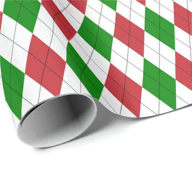 Papier Cadeau Grand Argyle Rouge Foncé, Vert et Blanc (Coin rond)