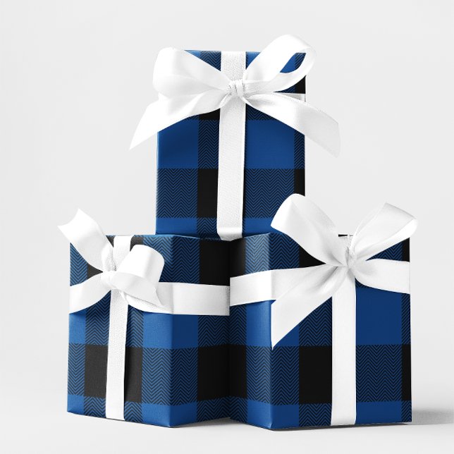 Papier Cadeau Grand Carreau Vichy Bleu et Noir à Chevron (Large Blue and Black Chevron Buffalo Plaid Wrapping Paper)