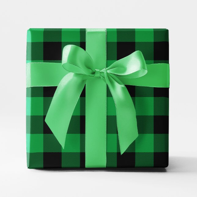 Papier Cadeau Grand damier chevron vert et noir de buffle (Large Green and Black Chevron Buffalo Plaid Wrapping Paper)