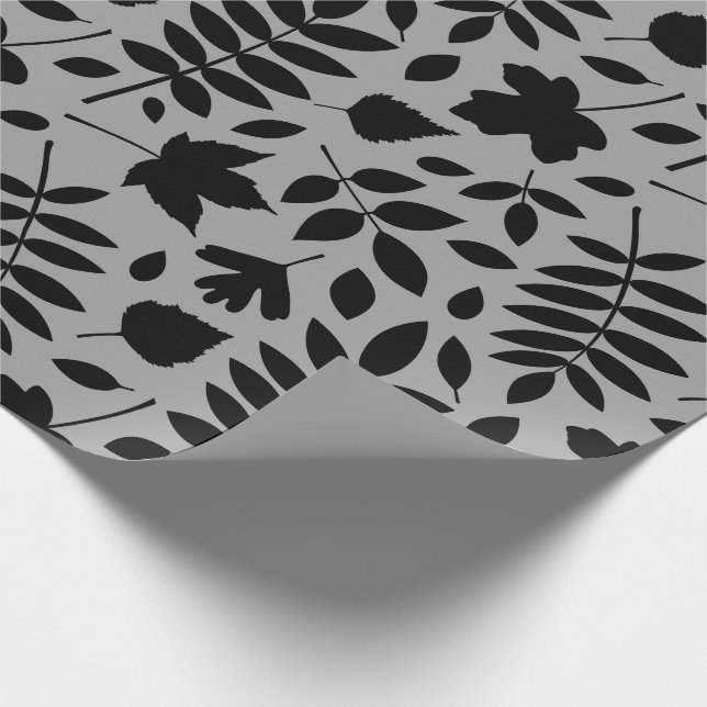 Papier Cadeau Grand Motif Feuille tombé noir sur gris (Coin)