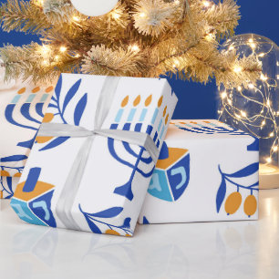 Papier Cadeau Grand Motif Menorah et Dreidel Hanoukka