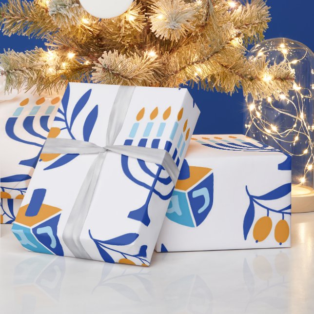 Papier Cadeau Grand Motif Menorah et Dreidel Hanoukka (Vacances)