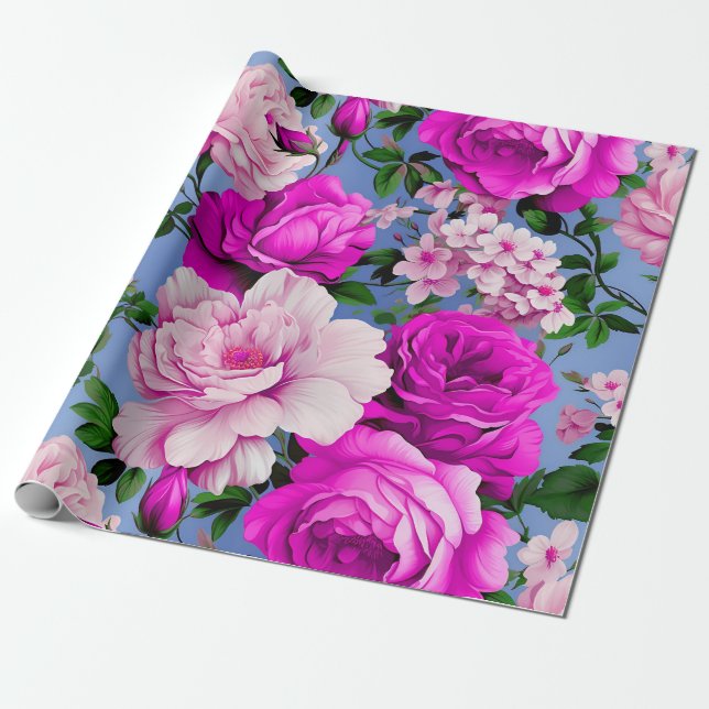 Papier Cadeau Grande Fleur Rose rétro violet (Déroulé)